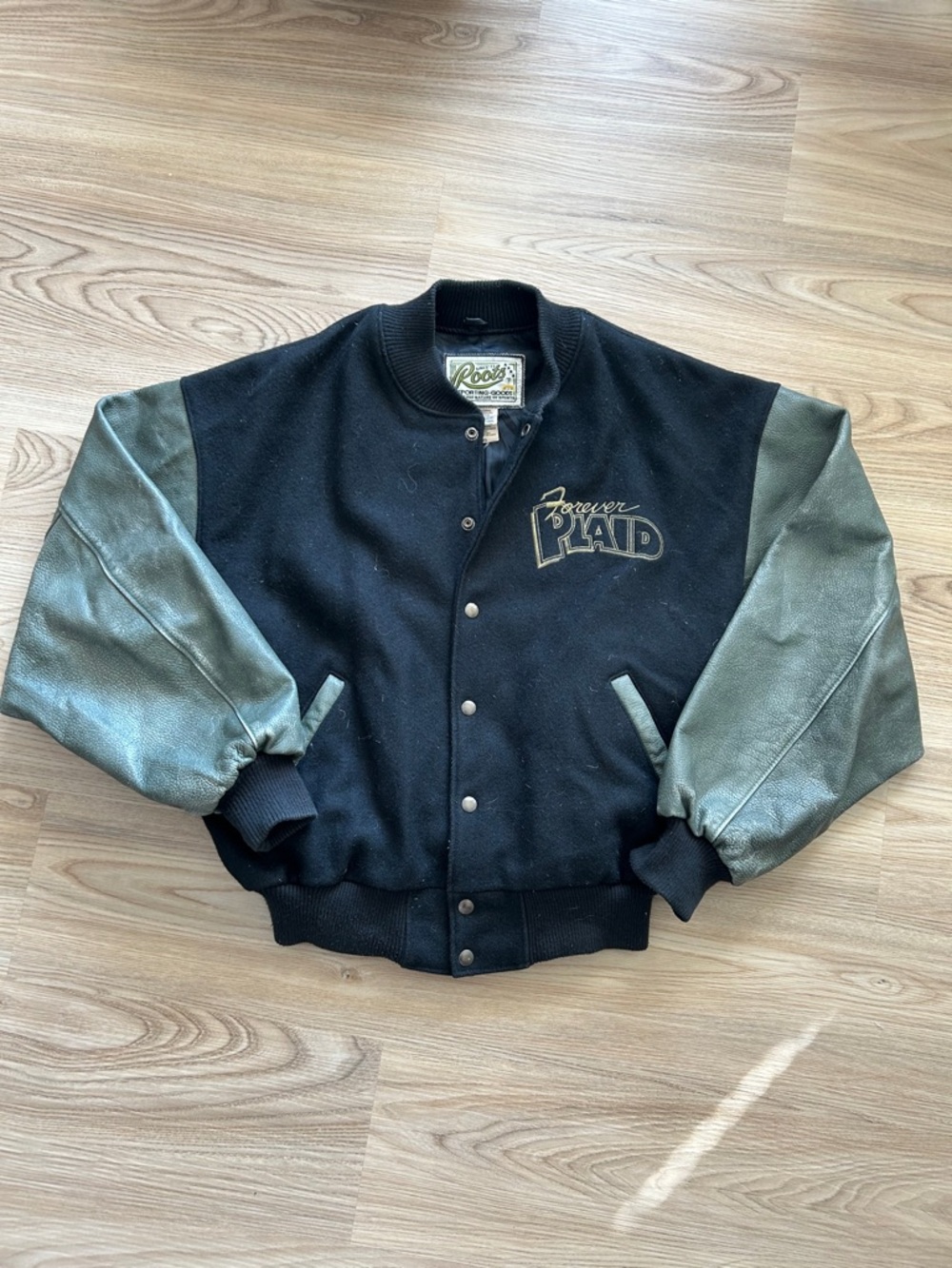Roots Black Wool Varsity Jacket with Gray Leather Sleeves